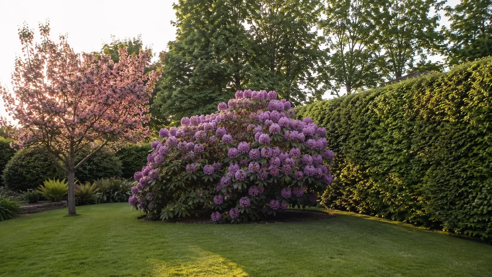 Großer Rhododendron in voller Blüte neben Zierapfelbaum vor einer dichten Buchenhecke im sommerlichen Hausgarten