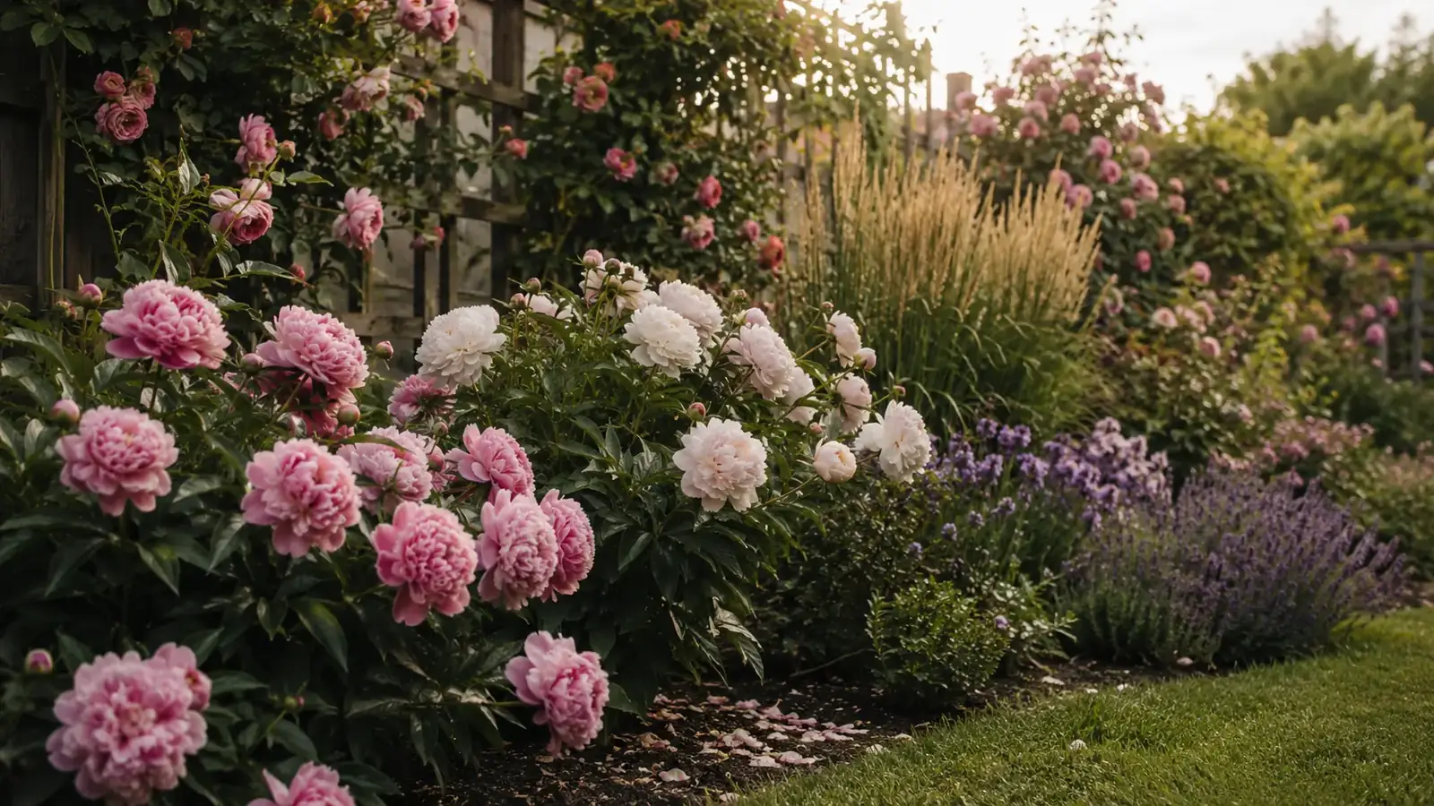 Sommerliches Staudenbeet mit Pfingstrosen, Rosen und Lavendel im warmen Abendlicht