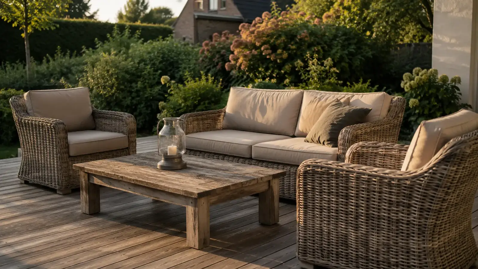 Polyrattan-Loungemöbel mit cremefarbenen Kissen und rustikalem Holz-Couchtisch auf einer Holzterrasse