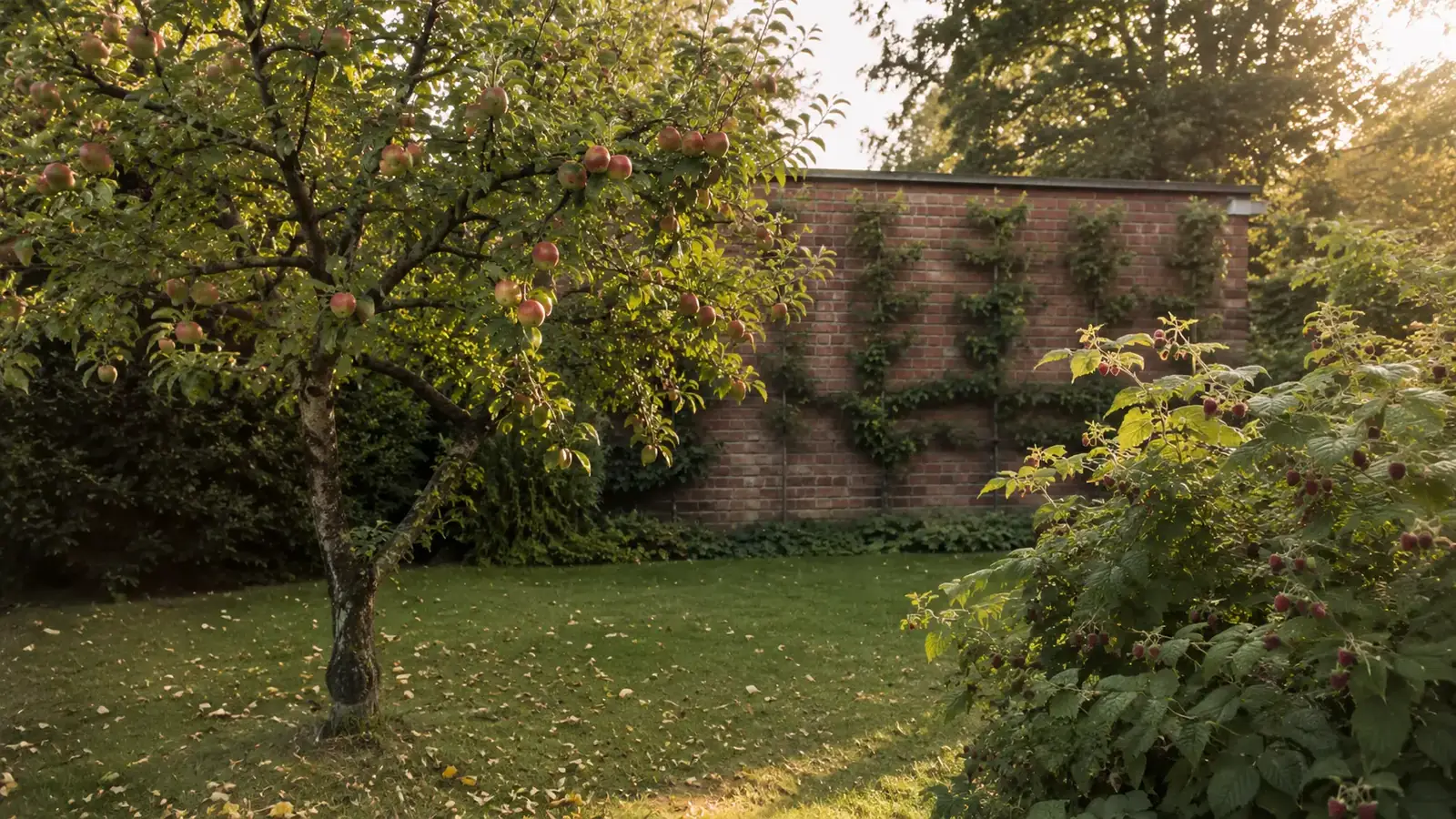 Alter Apfelbaum mit reifen Früchten und Spalierobst an einer Backsteinmauer im abendlichen Hausgarten