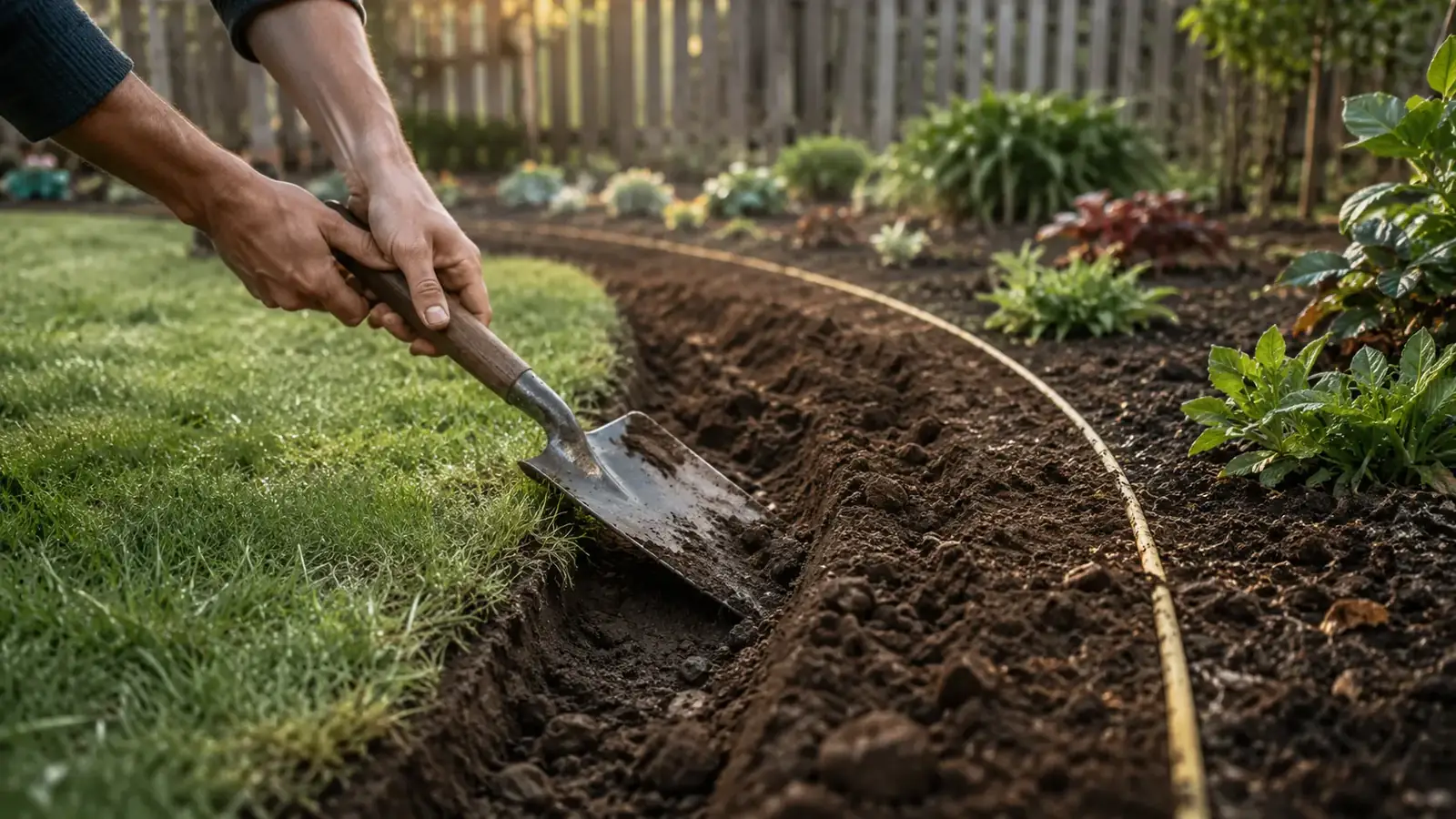 Frisch angelegtes Gartenbeet mit fein gelockertem Boden und ersten Pflanzen