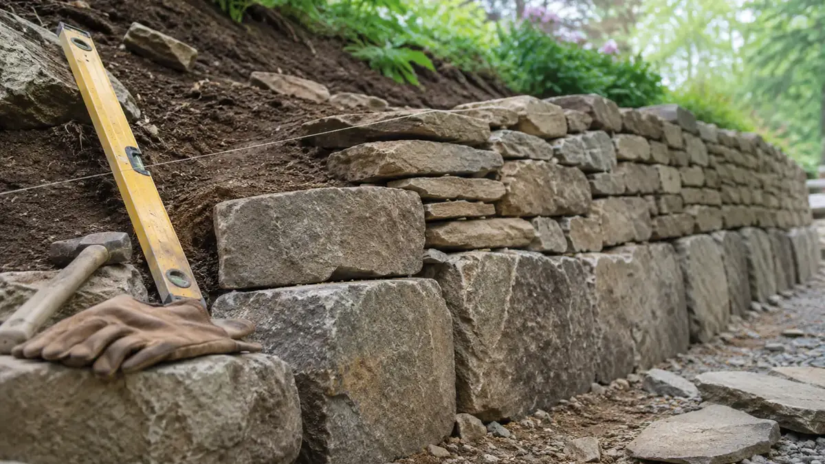 Trockenmauer aus Naturstein stützt den Hang