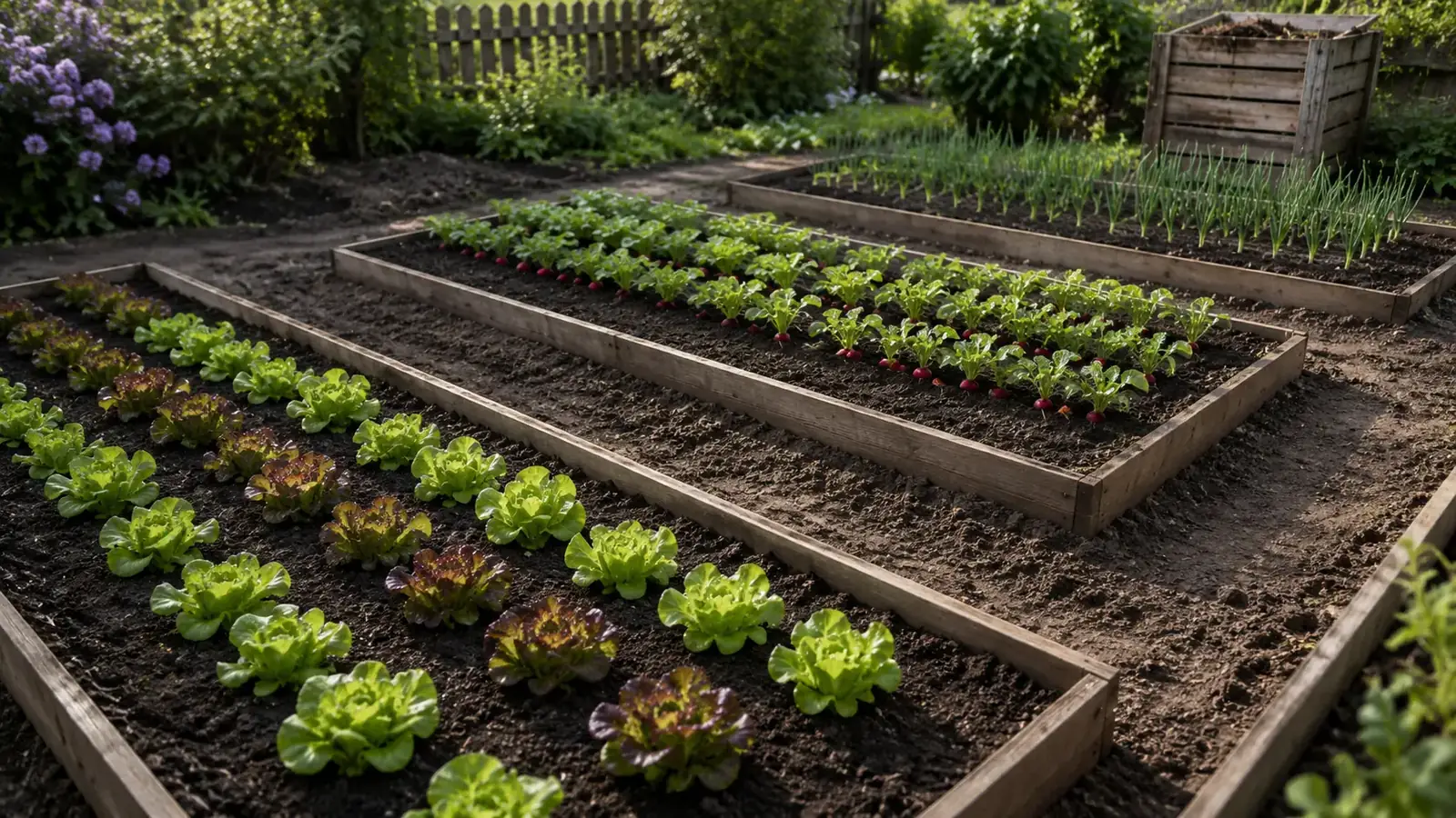 Angelegter Gemüsegarten mit klar abgeteilten Beeten und Wegen