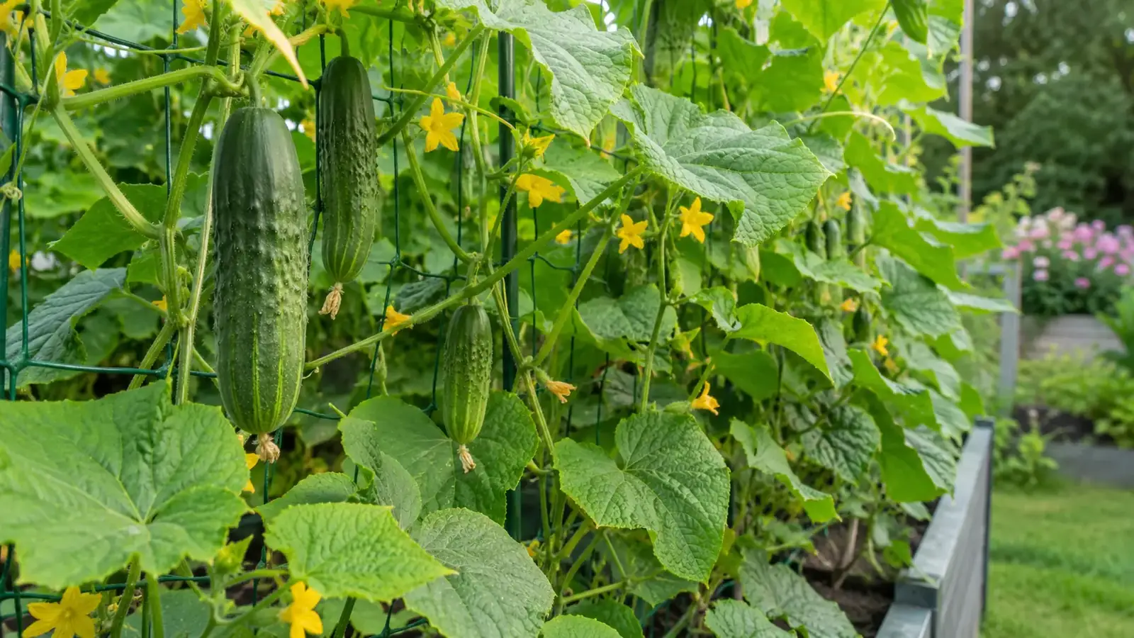 Gurken und Zucchini mit kräftigem Laub im sommerlichen Gemüsebeet