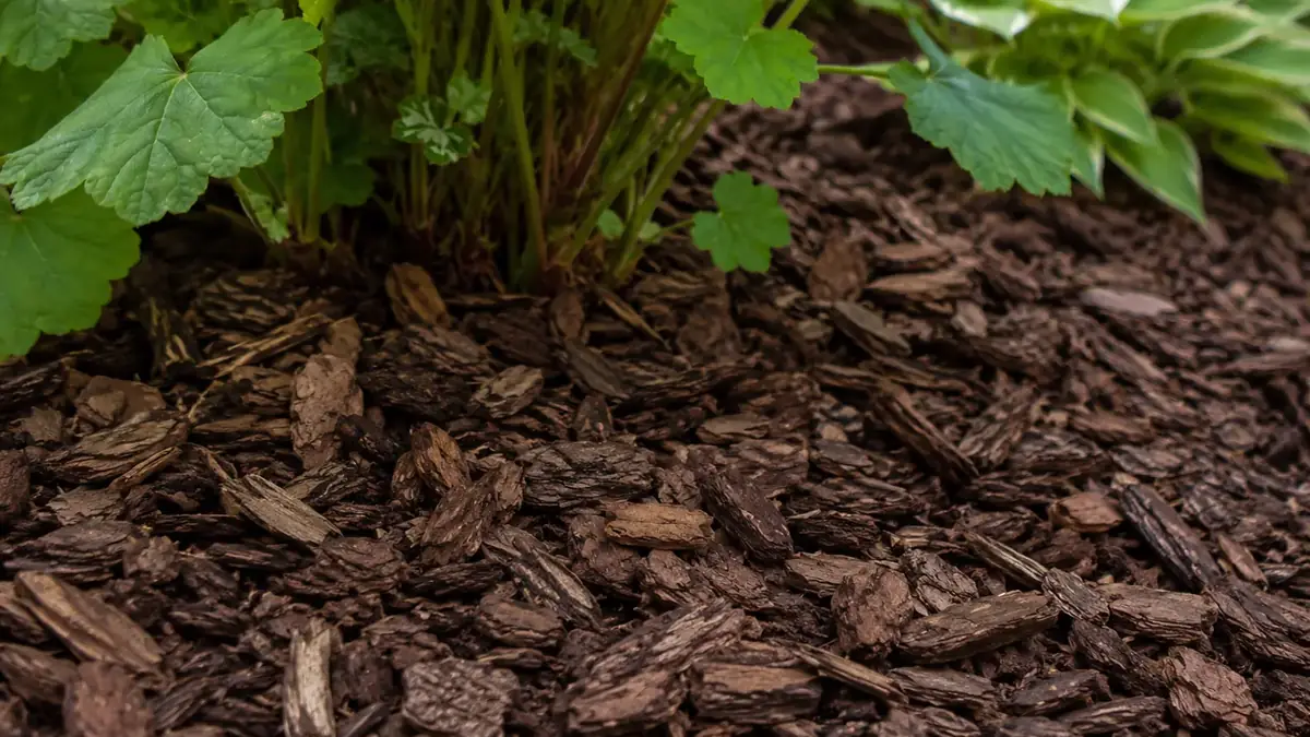 Mulchschicht im pflegeleichten Beet unterdrückt Unkraut