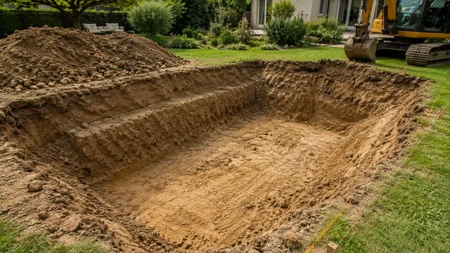 Fertiger Pool im Hausgarten mit Holzterrasse und Sonnenliegen