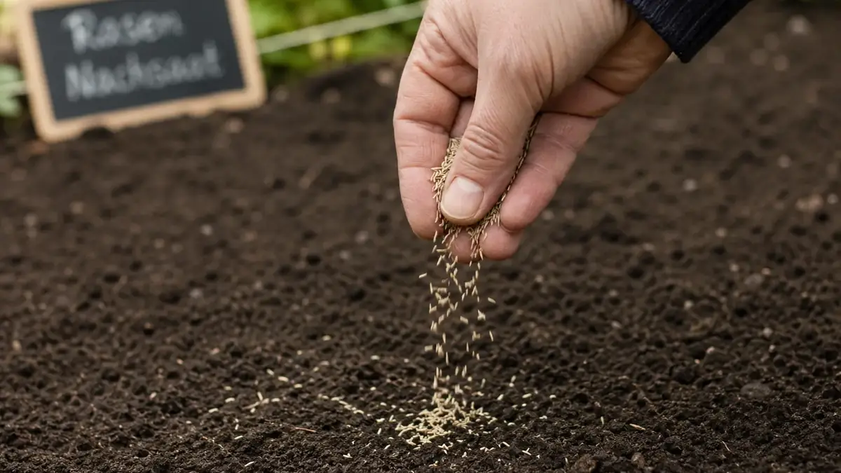 Grassamen gleichmaessig aussaeen und einharken