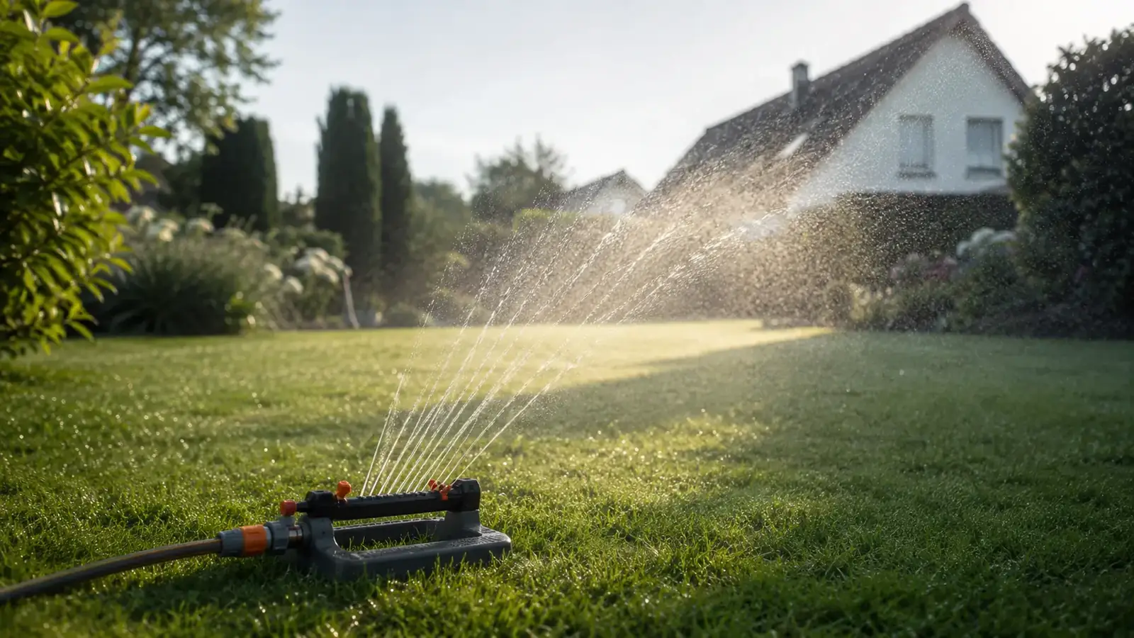 Rasen wird mit Sprinkler bewaessert in den fruehen Morgenstunden