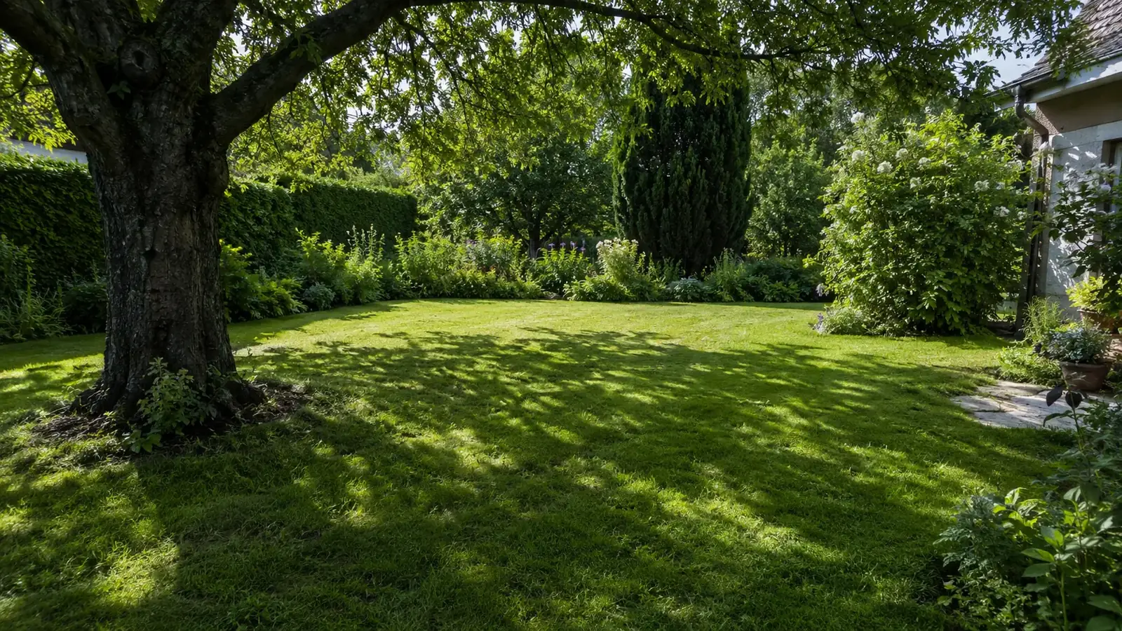 Schattenrasen unter Baeumen - dichter gruener Rasen im Halbschatten
