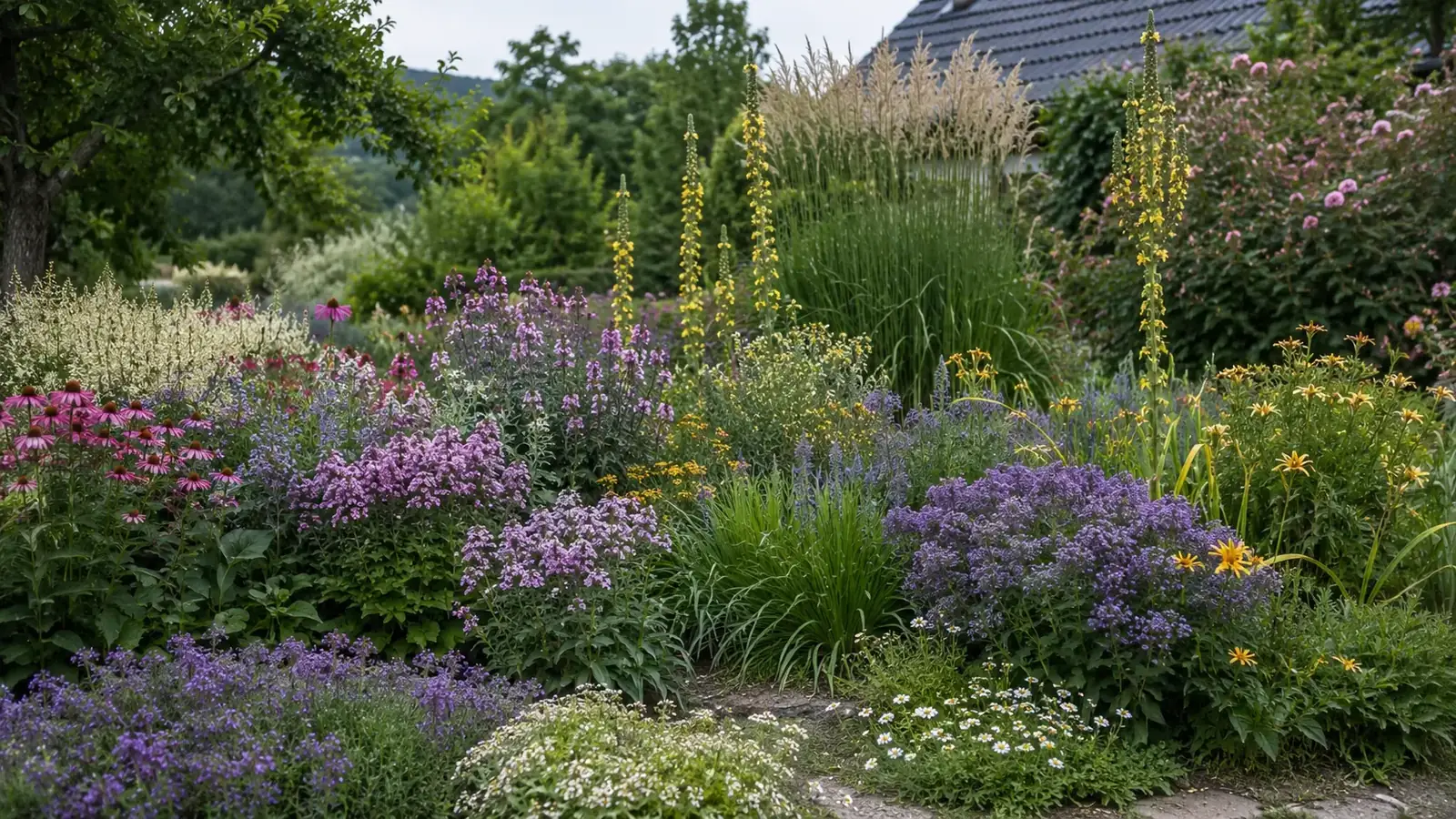 Ganzjährig blühendes Staudenbeet mit Sonnenhut, Phlox und Gräsern im Spätsommer