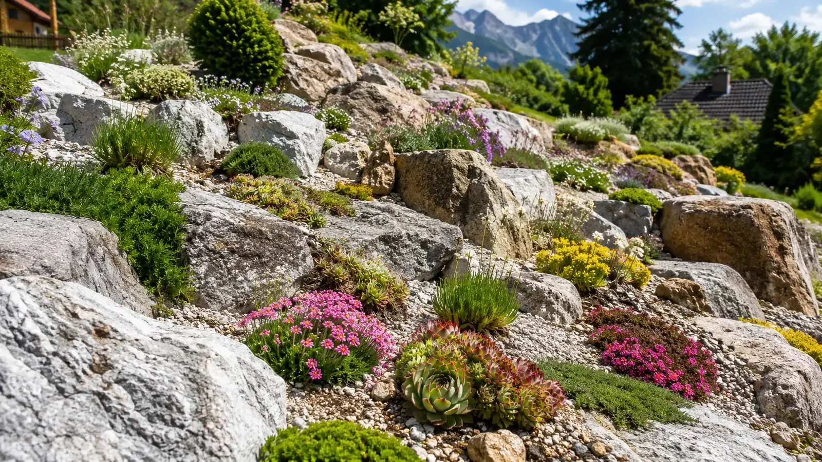 Steingarten mit Findlingen, Polsterstauden und Splitt in voller Sonne