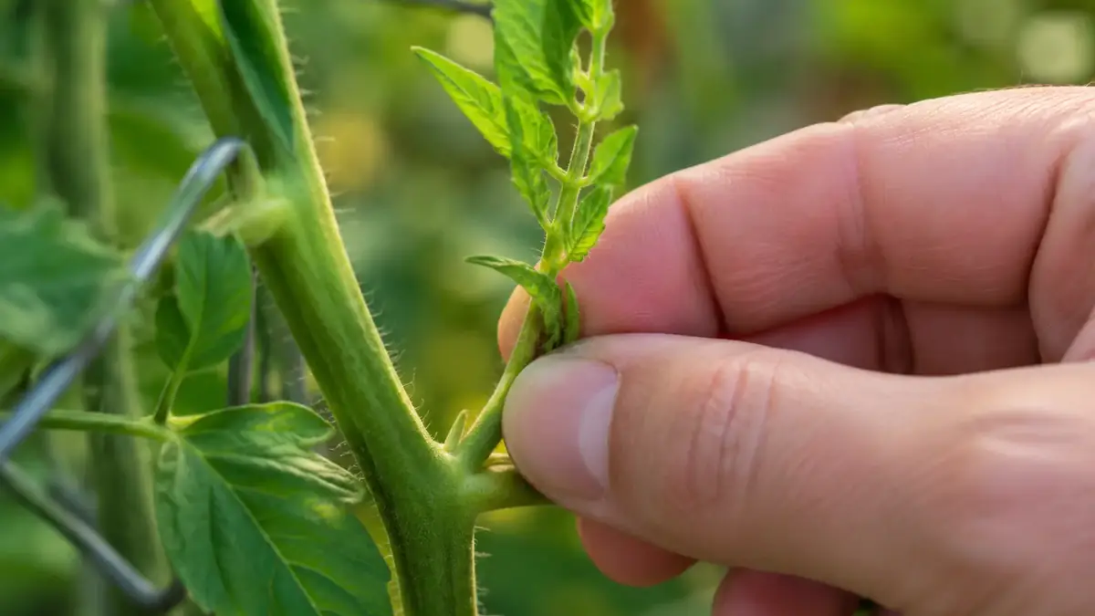 Ausgeizen der Seitentriebe bei Stabtomaten