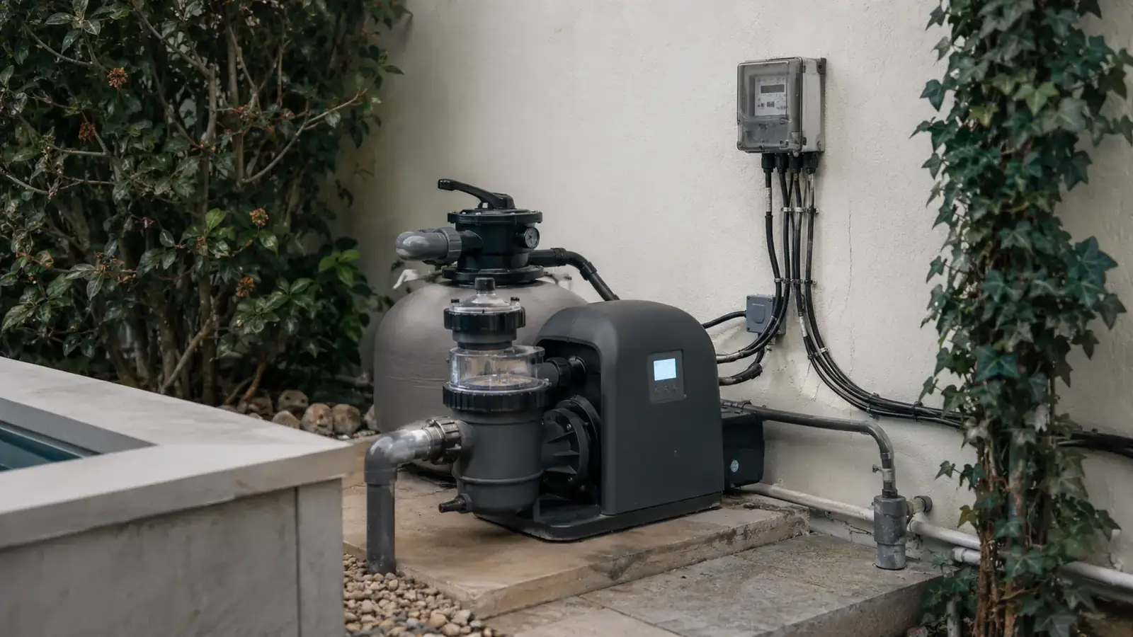 Sandfilter-Anlage und Pool-Pumpe an einer Wand mit Stromzähler