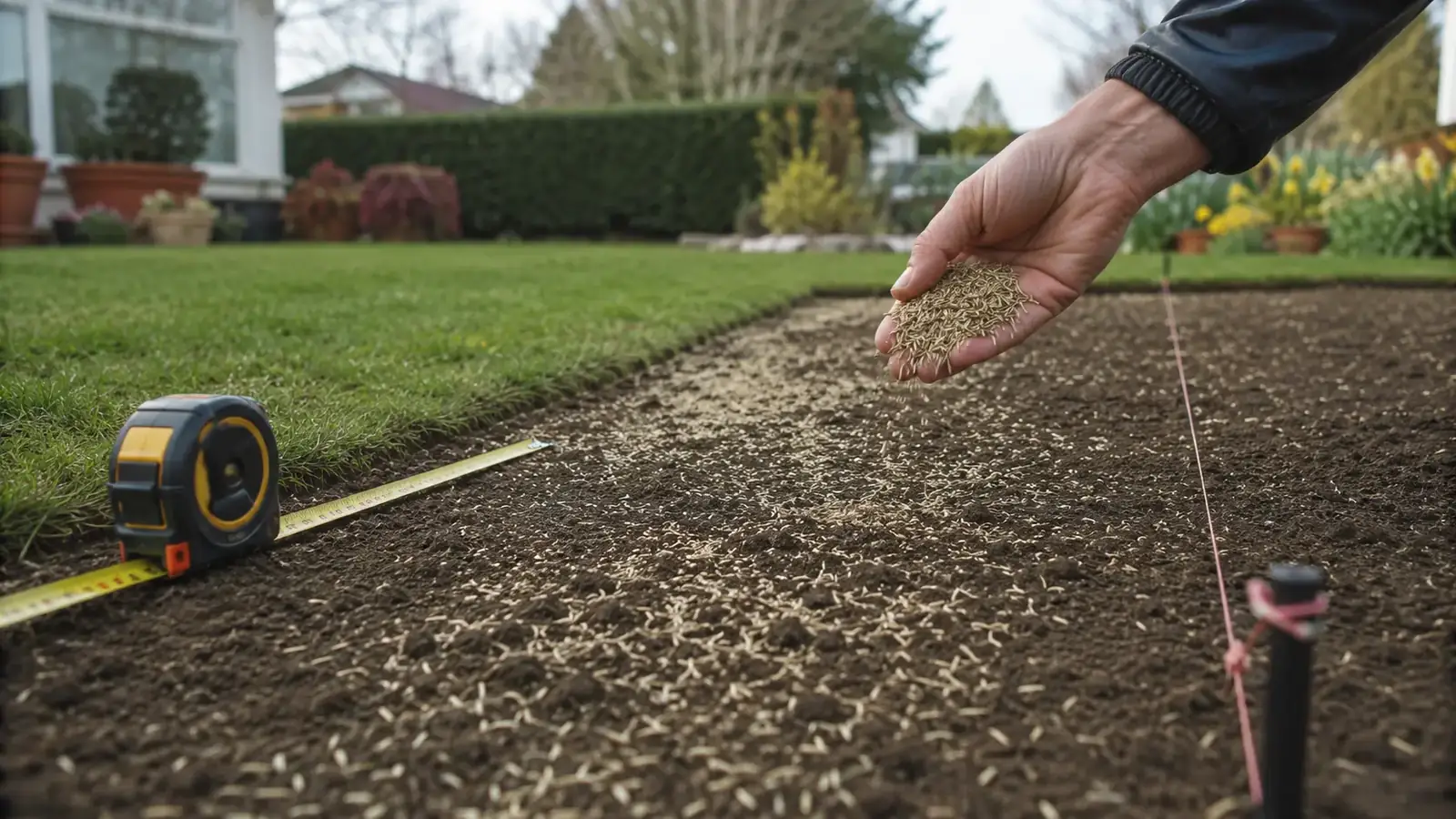 Hand verstreut Grassamen auf vorbereiteter Erde im Garten